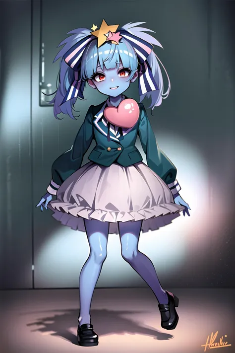 (masterpiece), (best quality), (ultra-detailed), hoshikawa zombie, 1girl, zombie, blue skin, <lora:Hoshikawa:0.7>, full body, heart
