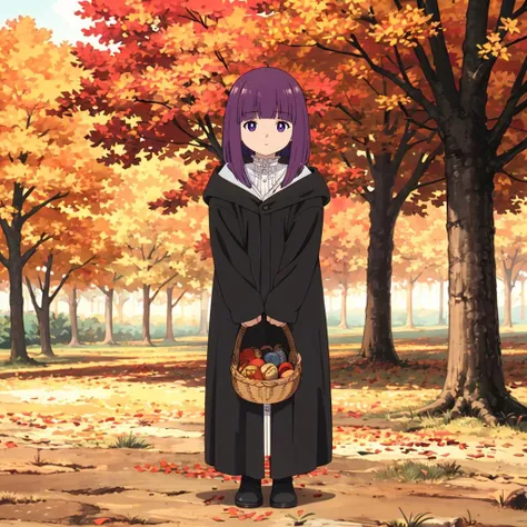 <lora:Fern001:0.7>,
littleFern,1littlegirl,
hooded coat,black coat,hood down,white shirt,frilled shirt collar,sleeves past wrists,
full body,basket,in autumn,