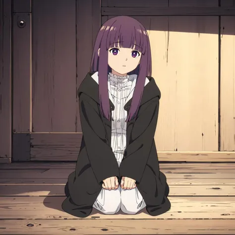 <lora:Fern001:0.7>,
Fern,1girl,
hooded coat,black coat,hood down,white shirt,frilled shirt collar,long sleeves,open clothes,
full body,sit down,