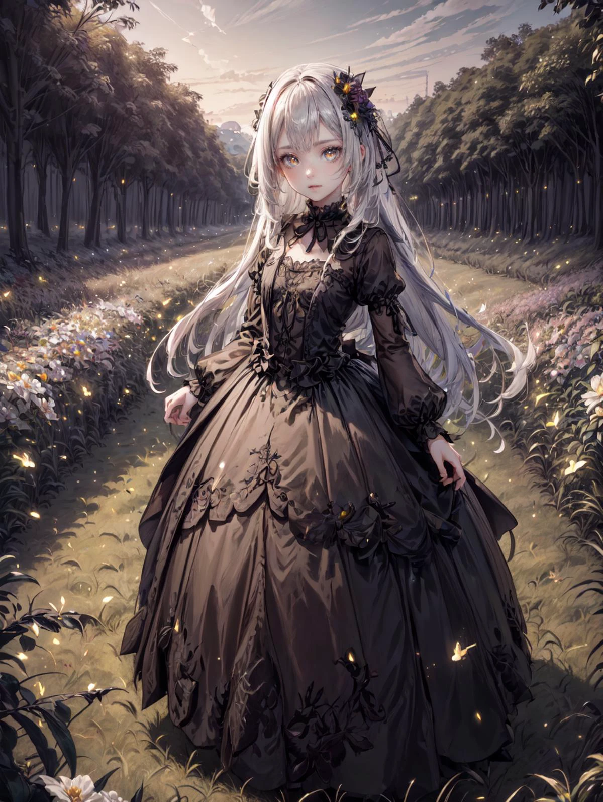 a 30yo woman, detailed face, looking at viewer, (full body shot:1.4), hdr, 8k, detailed eyes, standing in a field of flowers, <lora:more_details:0.5>, <lora:Loraeyes_V1:0.4> loraeyes, <lora:Bright_Eyes:0.4> AGGA_ST002, bright pupils, <lora:ballgownGoth:0.8> Gothgal, ballgown <lora:4960_fireflies:0.8> fireflies,, chiaroscuro lighting