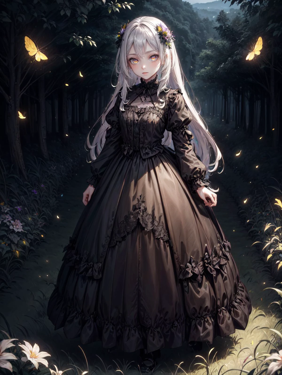 a 30yo woman, detailed face, looking at viewer, (full body shot:1.4), hdr, 8k, detailed eyes, standing in a field of wild flowers, <lora:more_details:0.5>, <lora:Loraeyes_V1:0.4> loraeyes, <lora:Bright_Eyes:0.4> AGGA_ST002, bright pupils, <lora:ballgownGoth:0.8> Gothgal, ballgown <lora:4960_fireflies:0.8> fireflies,, chiaroscuro lighting