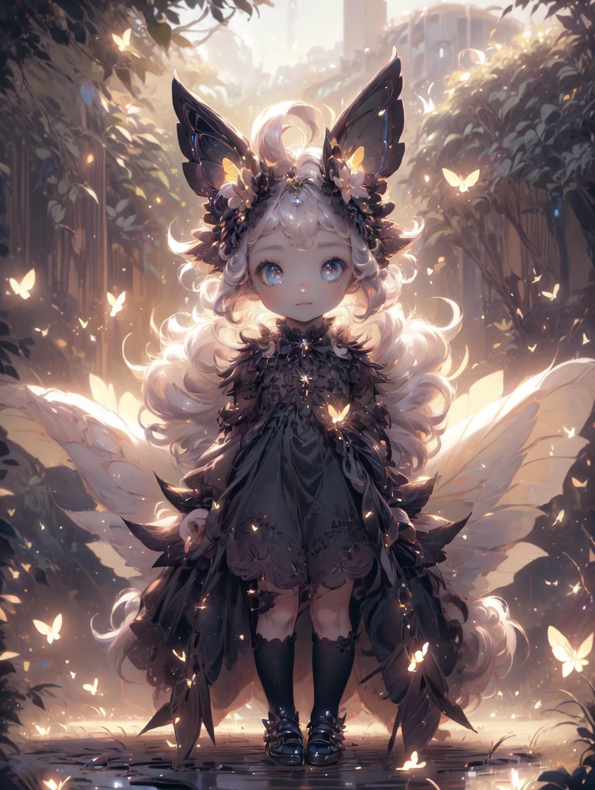 a 30yo woman, detailed face, looking at viewer, (full body shot:1.4), hdr, 8k, detailed eyes, standing in a field of flowers, <lora:more_details:0.5>, <lora:Loraeyes_V1:0.4> loraeyes, <lora:Bright_Eyes:0.4> AGGA_ST002, bright pupils, <lora:ballgownGoth:0.8> Gothgal, ballgown <lora:4960_fireflies:0.8> fireflies, <lora:fairy:0.7> 1 fairy, chiaroscuro lighting