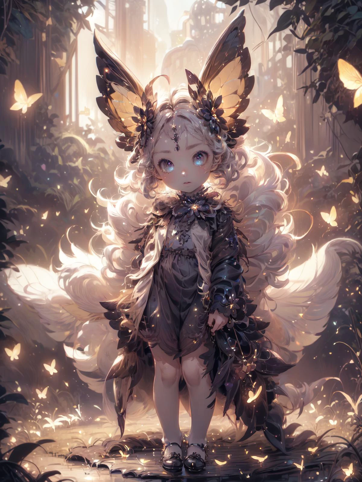 a 30yo woman, detailed face, looking at viewer, (full body shot:1.4), hdr, 8k, detailed eyes, standing in a field of flowers, <lora:more_details:0.5>, <lora:Loraeyes_V1:0.4> loraeyes, <lora:Bright_Eyes:0.4> AGGA_ST002, bright pupils, <lora:ballgownGoth:0.8> Gothgal, ballgown <lora:4960_fireflies:0.8> fireflies, <lora:fairy:0.7> 1 fairy, chiaroscuro lighting