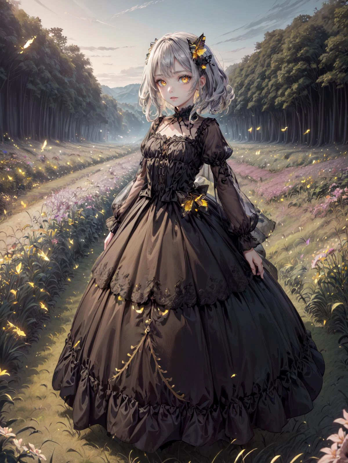 a 50yo woman, detailed face, looking at viewer, (full body shot:1.4), hdr, 8k, detailed eyes, standing in a field of wild flowers, <lora:more_details:0.5>, <lora:Loraeyes_V1:0.4> loraeyes, <lora:Bright_Eyes:0.4> AGGA_ST002, bright pupils, <lora:ballgownGoth:0.8> Gothgal, ballgown <lora:4960_fireflies:0.8> fireflies,, chiaroscuro lighting