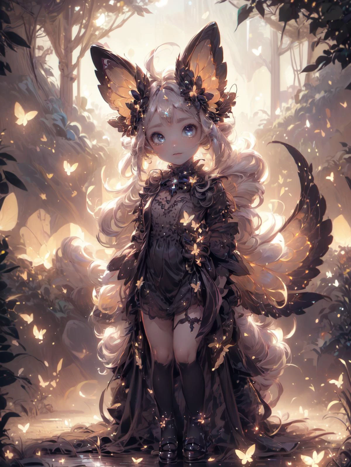 a 30yo woman, detailed face, looking at viewer, (full body shot:1.4), hdr, 8k, detailed eyes, standing in a field of flowers, <lora:more_details:0.5>, <lora:Loraeyes_V1:0.4> loraeyes, <lora:Bright_Eyes:0.4> AGGA_ST002, bright pupils, <lora:ballgownGoth:0.8> Gothgal, ballgown <lora:4960_fireflies:0.8> fireflies, <lora:fairy:0.7> 1 fairy, chiaroscuro lighting