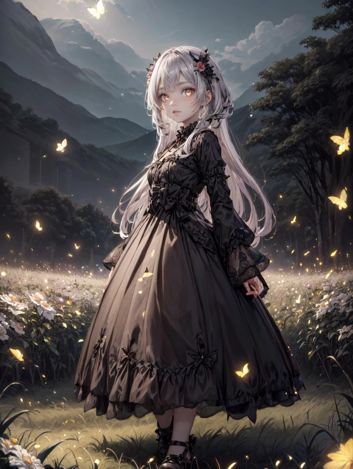 a 30yo woman, detailed face, looking at viewer, (full body shot:1.4), hdr, 8k, detailed eyes, standing in a field of flowers, <lora:more_details:0.5>, <lora:Loraeyes_V1:0.4> loraeyes, <lora:Bright_Eyes:0.4> AGGA_ST002, bright pupils, <lora:ballgownGoth:0.8> Gothgal, ballgown <lora:4960_fireflies:0.8> fireflies,, chiaroscuro lighting