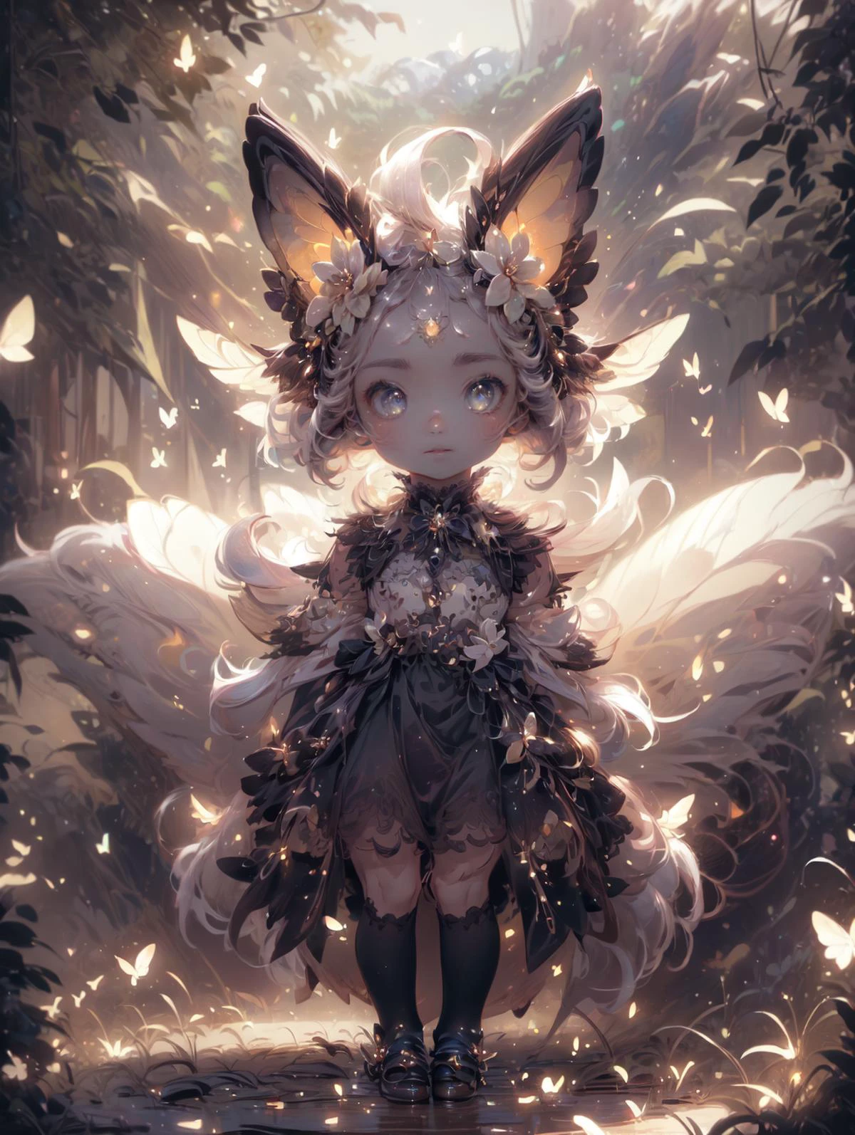 a 30yo woman, detailed face, looking at viewer, (full body shot:1.4), hdr, 8k, detailed eyes, standing in a field of flowers, <lora:more_details:0.5>, <lora:Loraeyes_V1:0.4> loraeyes, <lora:Bright_Eyes:0.4> AGGA_ST002, bright pupils, <lora:ballgownGoth:0.8> Gothgal, ballgown <lora:4960_fireflies:0.8> fireflies, <lora:fairy:0.7> 1 fairy, chiaroscuro lighting