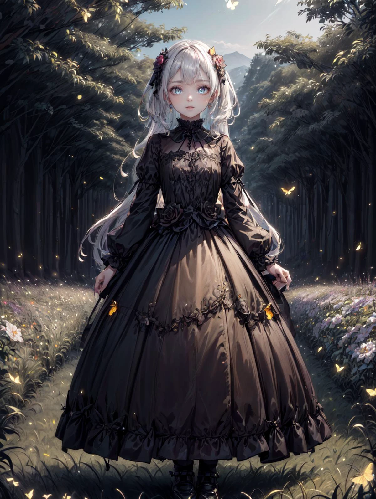 a 30yo woman, detailed face, looking at viewer, (full body shot:1.4), hdr, 8k, detailed eyes, standing in a field of flowers, <lora:more_details:0.5>, <lora:Loraeyes_V1:0.4> loraeyes, <lora:Bright_Eyes:0.4> AGGA_ST002, bright pupils, <lora:ballgownGoth:0.8> Gothgal, ballgown <lora:4960_fireflies:0.8> fireflies,, chiaroscuro lighting