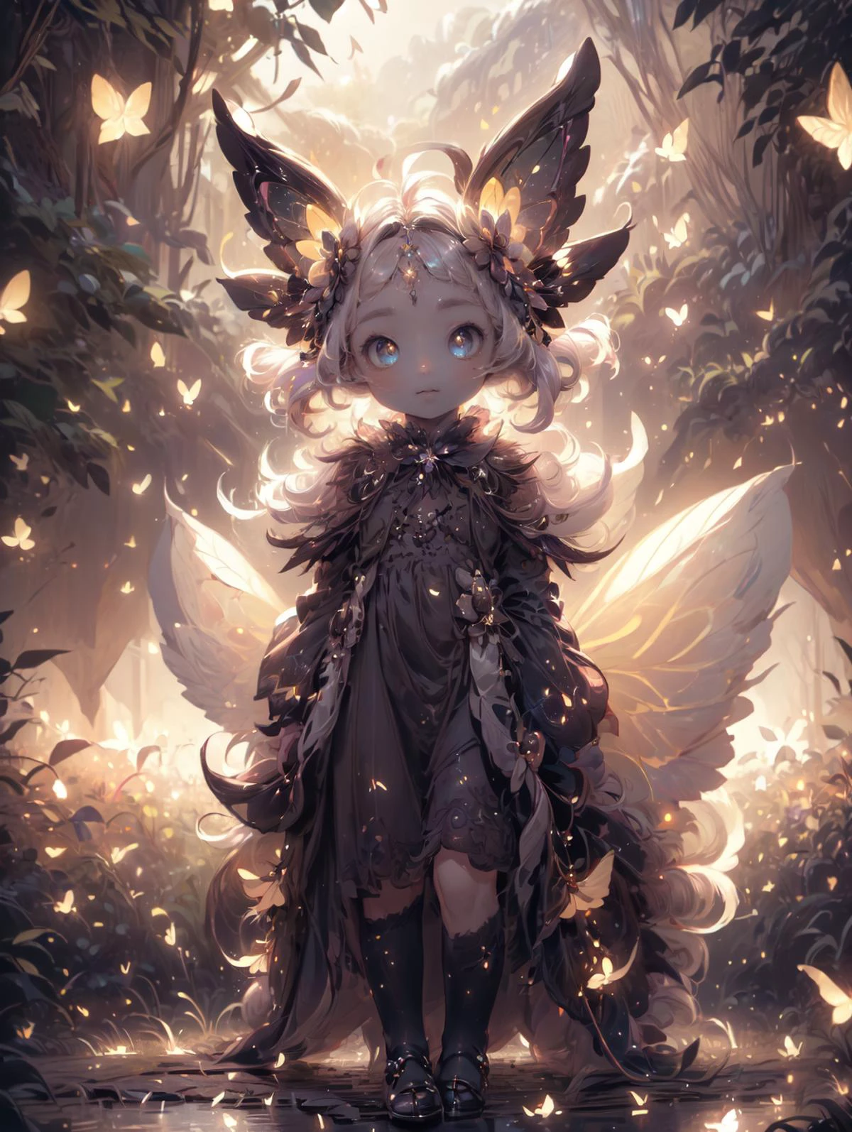 a 30yo woman, detailed face, looking at viewer, (full body shot:1.4), hdr, 8k, detailed eyes, standing in a field of flowers, <lora:more_details:0.5>, <lora:Loraeyes_V1:0.4> loraeyes, <lora:Bright_Eyes:0.4> AGGA_ST002, bright pupils, <lora:ballgownGoth:0.8> Gothgal, ballgown <lora:4960_fireflies:0.8> fireflies, <lora:fairy:0.7> 1 fairy, chiaroscuro lighting