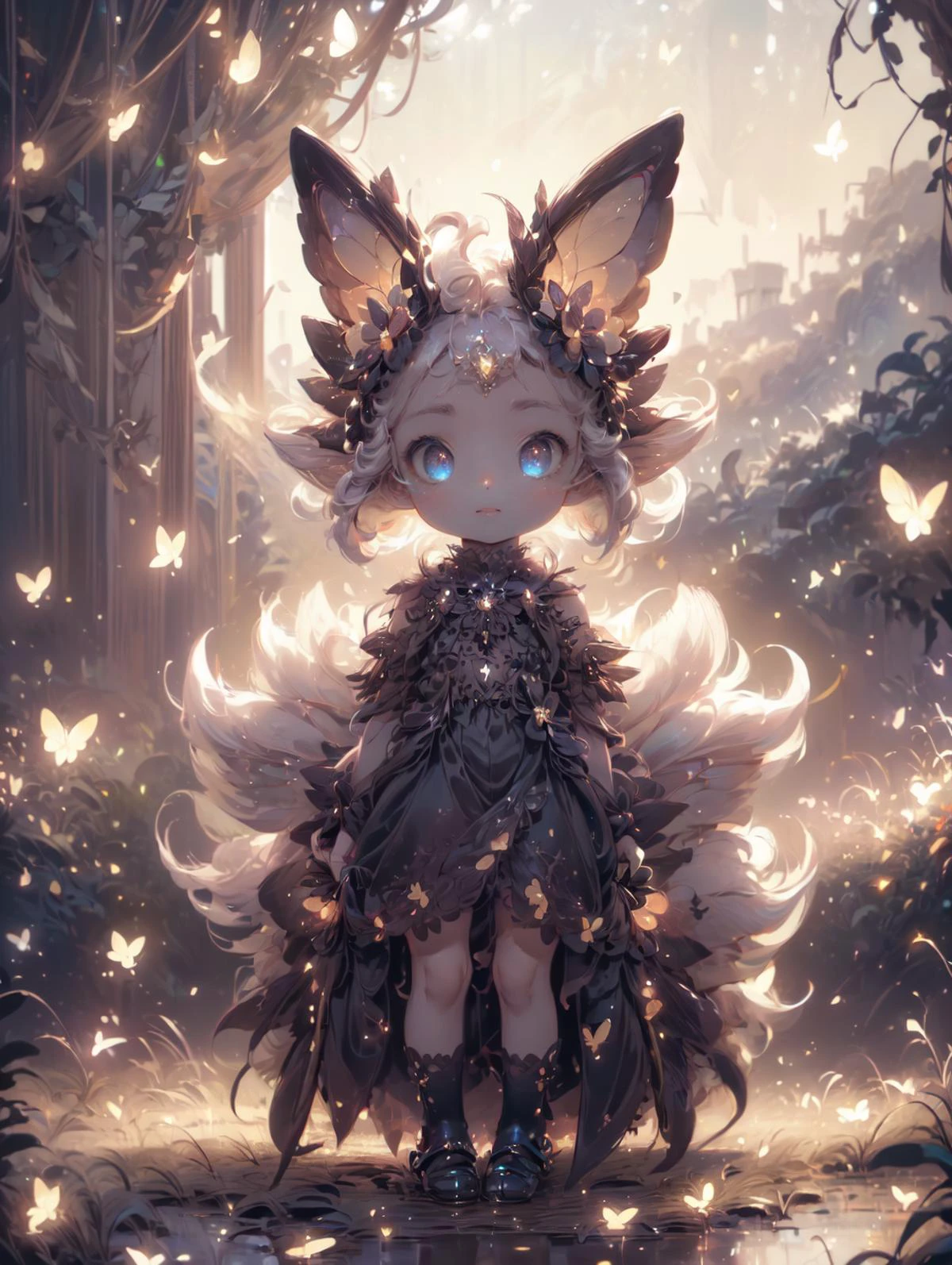 a 30yo woman, detailed face, looking at viewer, (full body shot:1.4), hdr, 8k, detailed eyes, standing in a field of flowers, <lora:more_details:0.5>, <lora:Loraeyes_V1:0.4> loraeyes, <lora:Bright_Eyes:0.4> AGGA_ST002, bright pupils, <lora:ballgownGoth:0.8> Gothgal, ballgown <lora:4960_fireflies:0.8> fireflies, <lora:fairy:0.7> 1 fairy, chiaroscuro lighting