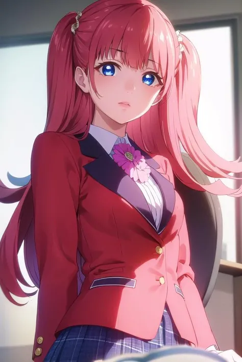yumemiyumemite, <lora:yumemi yumemite s2-lora-nochekaiser:1>,
yumemi yumemite, long hair, blue eyes, very long hair, pink hair, two side up,
BREAK skirt, shirt, school uniform, jacket, white shirt, pleated skirt, collared shirt, black skirt, blazer, (red jacket:1.5),
BREAK indoors, classroom,
BREAK looking at viewer, (cowboy shot:1.5),
BREAK <lyco:GoodHands-beta2:1>, (masterpiece:1.2), best quality, high resolution, unity 8k wallpaper, (illustration:0.8), (beautiful detailed eyes:1.6), extremely detailed face, perfect lighting, extremely detailed CG, (perfect hands, perfect anatomy),