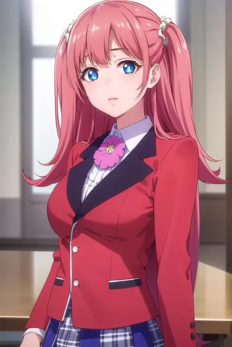 yumemiyumemite, <lora:yumemi yumemite s2-lora-nochekaiser:1>,
yumemi yumemite, long hair, blue eyes, very long hair, pink hair, two side up,
BREAK skirt, shirt, school uniform, jacket, white shirt, pleated skirt, collared shirt, black skirt, blazer, (red jacket:1.5),
BREAK indoors, classroom,
BREAK looking at viewer, (cowboy shot:1.5),
BREAK <lyco:GoodHands-beta2:1>, (masterpiece:1.2), best quality, high resolution, unity 8k wallpaper, (illustration:0.8), (beautiful detailed eyes:1.6), extremely detailed face, perfect lighting, extremely detailed CG, (perfect hands, perfect anatomy),