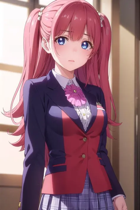 yumemiyumemite, <lora:yumemi yumemite s2-lora-nochekaiser:1>,
yumemi yumemite, long hair, blue eyes, very long hair, pink hair, two side up,
BREAK skirt, shirt, school uniform, jacket, white shirt, pleated skirt, collared shirt, black skirt, blazer, (red jacket:1.5),
BREAK indoors, classroom,
BREAK looking at viewer, (cowboy shot:1.5),
BREAK <lyco:GoodHands-beta2:1>, (masterpiece:1.2), best quality, high resolution, unity 8k wallpaper, (illustration:0.8), (beautiful detailed eyes:1.6), extremely detailed face, perfect lighting, extremely detailed CG, (perfect hands, perfect anatomy),