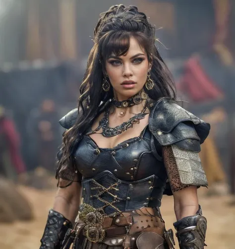 (masterpiece:1.2), (best quality,:1.2), 8k, HDR, ultra detailed, ((photorealistic)), professional light, cinematic lighting, fashion photography, ambient lighting, face lighting, Teri, <lora:Teri-10:1>, dynamic pose, earrings, choker, messy and long hair, dark makeup, ((portrait shot)), OverallDetail, fhanddetail, ffacedetail, as female warrior, wearing intricate leather and metal armor with a belt and a cape, <lora:detail_slider_v4:4>, looking at viewer, in a hot desert, FanLan, FanAm, <lora:Armor-10:0.7>, <lora:FantasyLandscape-10:0.6>, <lora:post-apocalypic_fashion:0.3>, post-apocalypic_fashion, <lora:PostApocalypticV1:0.5>, 99post96apocalyptic44