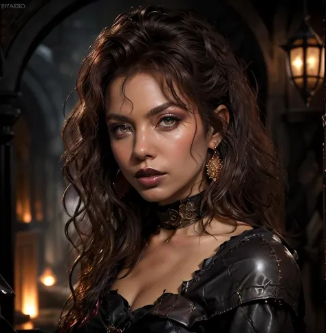(masterpiece:1.2), (best quality,:1.2), 8k, highly detailed, fantasy, (extremely intricate), (photorealistic), professional light, cinematic lighting, ambient lighting, Teri, <lora:Teri-10:1>, as bandit, earrings, choker, jewelry, dark lipstick, dark makeup, good hands, dynamic pose, ((portrait shot)), long messy (black!) hair, leather armor, <lora:RPGBandit:0.9>