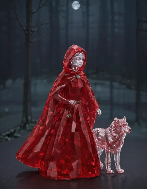 A small figurine made from pamcrystal depicts a young woman wearing a red hooded cloak. She is walking through a dark forest, and the wolf's eyes are glinting with cunning in the background. The path she is on winds through the trees, and there are other paths that lead off into the shadows. The figurine is intricately detailed, capturing every nuance of the haiku's imagery.