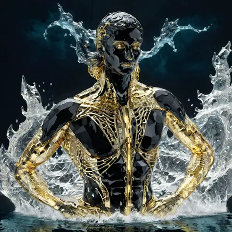 Surrealism, black background, a coloured line drawing of an illuminated brass-toned Saudi male cyborg swimming in a stormy ocean, lightning, gold filigree inlay, intricate, crisp lines pamcrystal <lora:pam_crystal:1>