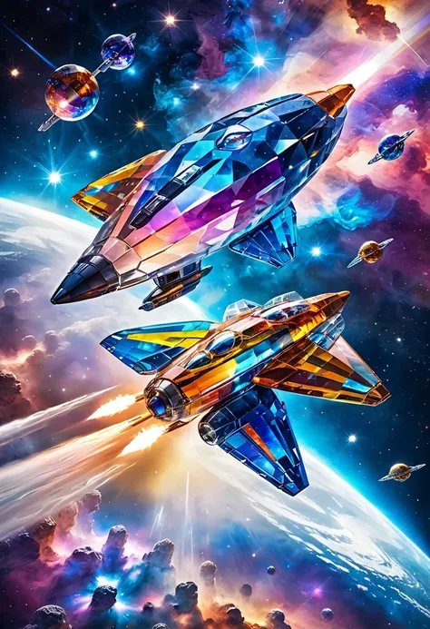 spaceship in pamcrystal style flying in front of a galaxy,realistic,highly detailed,realistic,lifelike,studio photo,highly detailed,colors,dynamic,cinematic,masterpiece,intricate,hdr
