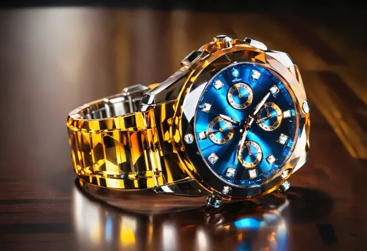 luxury watch made of pamcrystal laying on a glossy dark noble wood table, bright colors, sharp focus, full details, studio lighting, hdr