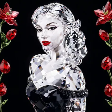 portrait of a beautiful pamcrystal woman,looking over shoulder, red lips,black floral background,realistic,highly detailed,realistic,lifelike,studio photo,highly detailed,cinematic,masterpiece,intricate,