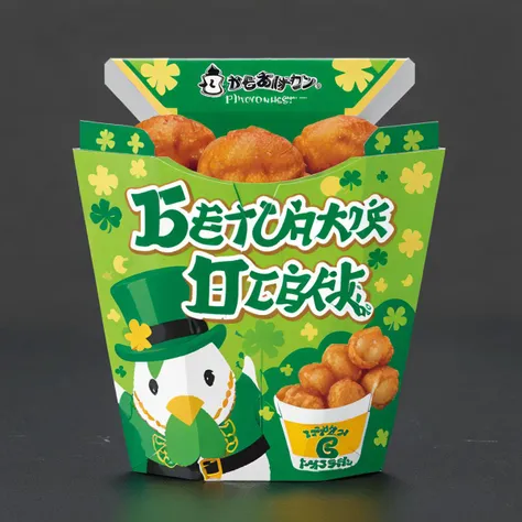 Create an image in a photorealistic style featuring a chicken nugget box celebrating St. Patrick's Day. The box should be vibrant green with shamrock motifs and gold accents to symbolize luck and prosperity. On the front, a playful leprechaun holding a nugget aloft, as if to toast. Text on the box reads 'Lucky Nuggets' in bold, Celtic-style lettering. The packaging design incorporates elements of Irish folklore and festive cheer, making it both appetizing and thematic for the holiday, <lora:lawsonkara:0.8> inkara, outkara, bagkara, lowsonkara