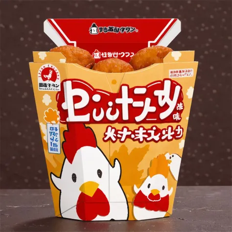 A photorealistic image of a box of delicious chicken nuggets with a cute chick illustration on the exterior. The chicken nuggets inside should be golden brown, crispy on the outside, and tender on the inside. The chick illustration should be playful and appealing, possibly showcasing a happy, cartoonish chick. The setting should be on a dining table, with perhaps a soft drink or side dish in the background. The lighting should highlight the texture and color of the chicken nuggets, making them look appetizing, while also emphasizing the cute design on the box. , <lora:lawsonkara:0.75>,((bagkara))