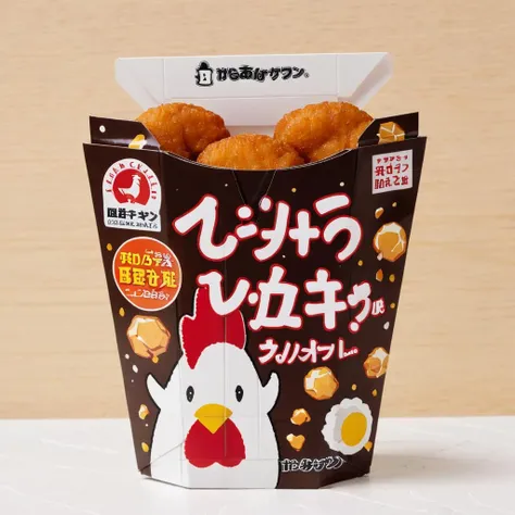 A photorealistic image of a box of delicious chicken nuggets with a cute chick illustration on the exterior. The chicken nuggets inside should be golden brown, crispy on the outside, and tender on the inside. The chick illustration should be playful and appealing, possibly showcasing a happy, cartoonish chick. The setting should be on a dining table, with perhaps a soft drink or side dish in the background. The lighting should highlight the texture and color of the chicken nuggets, making them look appetizing, while also emphasizing the cute design on the box. , <lora:lawsonkara:0.75>,((bagkara))