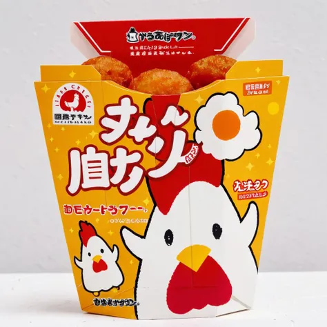 A photorealistic image of a box of delicious chicken nuggets with a cute chick illustration on the exterior. The chicken nuggets inside should be golden brown, crispy on the outside, and tender on the inside. The chick illustration should be playful and appealing, possibly showcasing a happy, cartoonish chick. The setting should be on a dining table, with perhaps a soft drink or side dish in the background. The lighting should highlight the texture and color of the chicken nuggets, making them look appetizing, while also emphasizing the cute design on the box. , <lora:lawsonkara:0.75>,((bagkara))