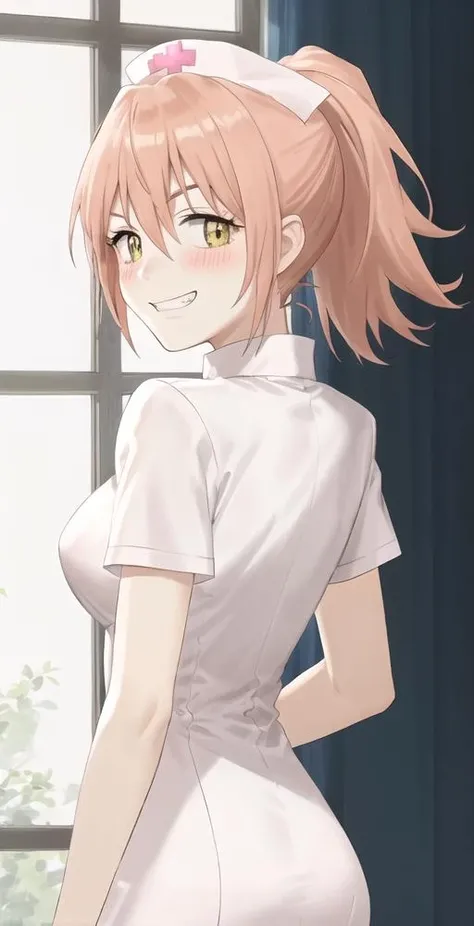 HH, 1girl, solo, upper body, portrait, grin, ponytail, nurse outfit, blush, back turned, looking over shoulder, perfect quality, good quality, masterpiece, HDR, UHD <lora:Haruko Haruhara:0.8>