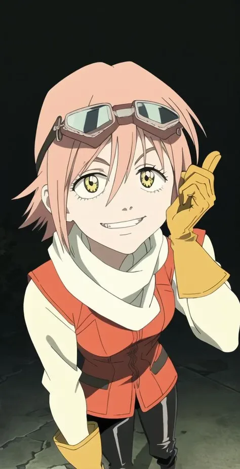HH, 1girl, solo, portrait, looking at viewer, teeth smile, gloves, pants, scarf, jacket, (goggles on head), perfect quality, good quality, masterpiece, HDR, UHD <lora:Haruko Haruhara:0.8>