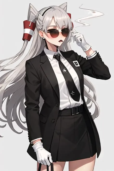 anime, a woman in a suit and tie holding a cigarette, dark suit, in a strict suit, 2b, 2 b, single character full body, in suit with black glasses, delicate androgynous prince, with index finger, in strict suit, in a suit, white haired, he is wearing a suit