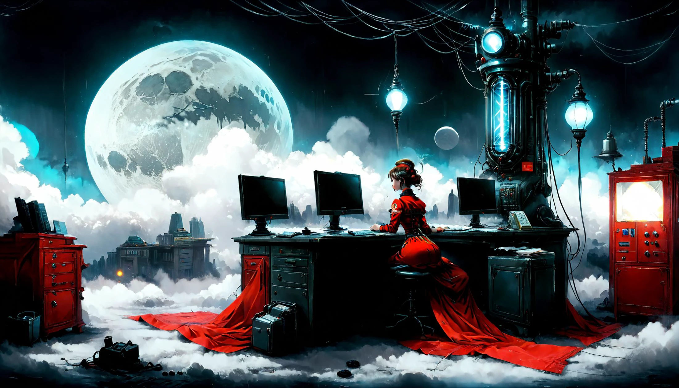 1girl, solo, profile, office, computers, night, full moon, leaning forward, Jibril \(no game no life\), nervous, a post-apocalyptic world where the only survivors are people who were cryogenically frozen , <lora:zwd_v2_SDXL:0.8>, zwd, <lora:TechPunkAIv2Pruned:0.8>, AetherPunkAI , BioPunkAI, CoalPunkAI , CogPunkAI , DieselPunkAI , GasLightFantasyAI , LunarPunkAI , SovietPunkAI , SteamPunkAI , TeslaPunkAI , TumorPunkAI , VictorianPunkAI , ValvePunkAI, shy, embarrassed,, very thin waist, <lora:bombshell_v1:0.4>,big boobs,slim body,, (8k, masterpiece, best quality, ultra-detailed), (an extremely delicate and beautiful)kawaii, cute, very big eyes, Aesthetic Anime Eyes, small face, large breasts, cinematic lighting, , Intricate, High Detail, Sharp focus, dramatic, masterpiece, best quality, ultra-detailed,