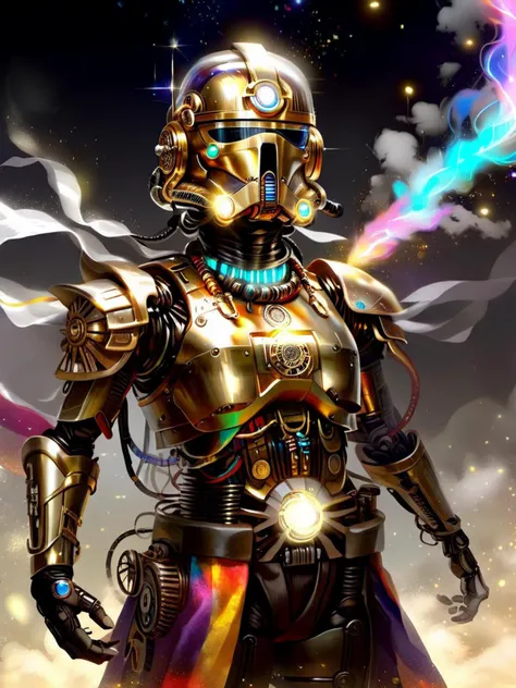 <lora:TechPunkAI:1> Photography of 3/4 body AetherPunkAI stormtrooper (Highly detailed, amazing fantasy setting), (Shiny Impressive lighting), (Colorful, Ultra Realistic, High quality, Highly detailed, Sharp focus, 8K UHD, Art photography), (trending on artstation)