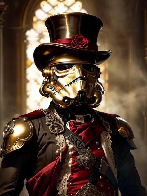 <lora:TechPunkAI:1> Photography of 3/4 body VictorianPunkAI stormtrooper (Highly detailed, amazing fantasy setting), (Shiny Impressive lighting), (Colorful, Ultra Realistic, High quality, Highly detailed, Sharp focus, 8K UHD, Art photography), (trending on artstation)