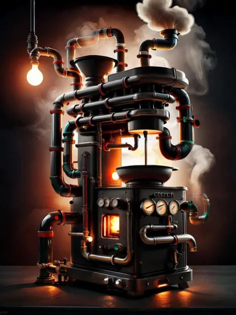 <lora:TechPunkAI:.7> (ManyPipesAI:1.2) ,CoalPunkAI coffee machine (Highly detailed, amazing retro-futuristic setting), (Shiny Impressive lighting), (Ultra Realistic, High quality, Highly detailed, Sharp focus, 8K UHD, Art photography), (trending on artstation)