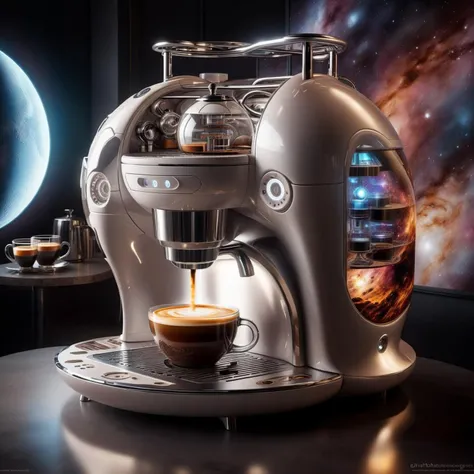 <lora:TechPunkAIv2Pruned:.9> LunarPunkAI coffee machine (Highly detailed, amazing fantasy setting), (Shiny Impressive lighting), (Colorful, Ultra Realistic, High quality, Highly detailed, Sharp focus, 8K UHD, Art photography), (trending on artstation)
