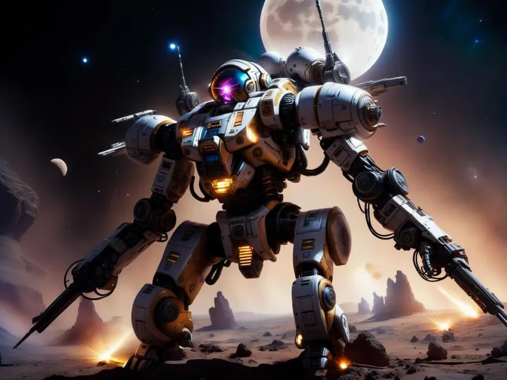 <lora:TechPunkAIv2Pruned:.9> LunarPunkAI battle mech (Highly detailed, amazing fantasy setting), (Shiny Impressive lighting), (Colorful, Ultra Realistic, High quality, Highly detailed, Sharp focus, 8K UHD, Art photography), (trending on artstation)