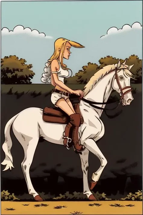 sxxxygnstl, woman sitting on a horse, (side profile), plain background, full body, blonde woman, shorts, boots, white horse, 
 <lora:Sexy_Gun_v1:1>