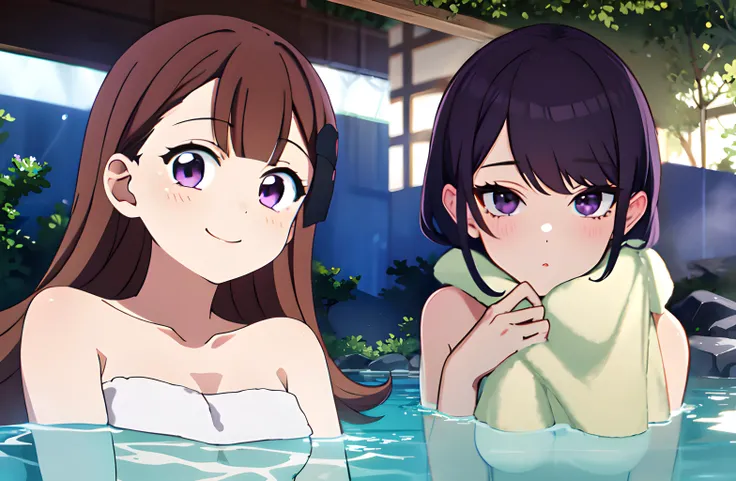 (2girls),photorealestic,whaite hair,purpleeyes,Towels,hot onsen,Sideslit,Wallpapers,Authentic