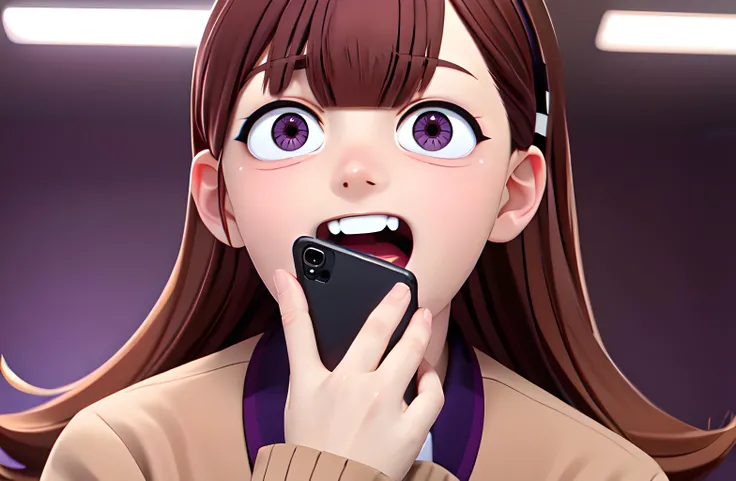 masterpiece, best quality, 1girl, yamai_ren, solo, purple eyes, brown hair, long hair, crazy laugh, yandere, looking at viewer, crazy expression, school uniform, squint, evil face, holding up a phone, taking pictures, constricted pupils, scheming, full body, crab walk, scary, <lora:yamai_ren:0.7>