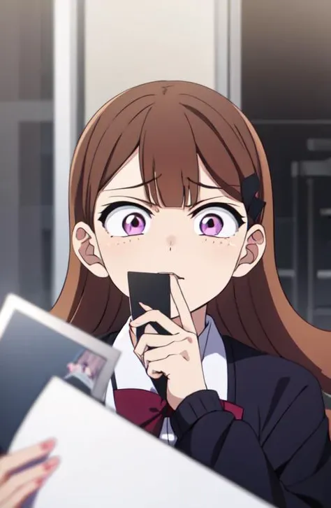 masterpiece, best quality,  1girl, yamai_ren, solo, purple eyes, brown hair, long hair, blank stare, yandere, looking at viewer,  crazy expression, school uniform, squint, evil face, holding up a lock of hair, constricted pupils, scheming <lora:yamai_ren:0.7>