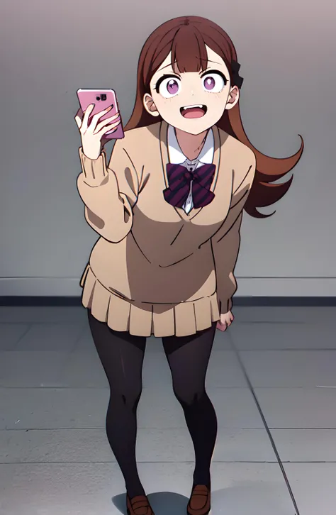 masterpiece, best quality,  1girl, yamai_ren, solo, purple eyes, brown hair, long hair, crazy laugh, yandere, looking at viewer,  crazy expression, school uniform, squint, evil face, holding up a phone, taking pictures, constricted pupils, scheming, full body, crab walk, scary,  <lora:yamai_ren:0.7>