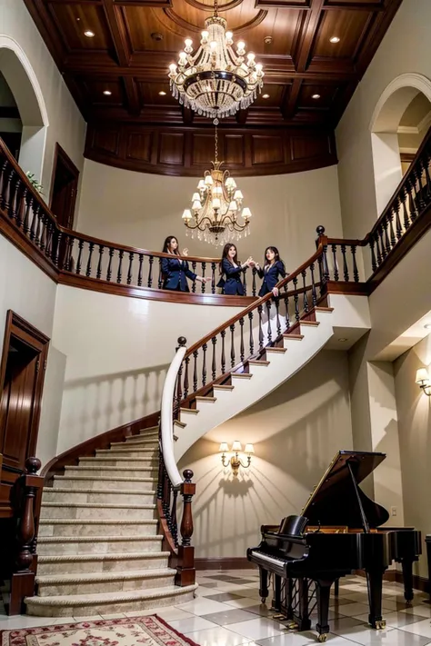 ((ultra_HD_details)) ((incredibly luxurious modern interior, piano, staircase, chandelier, cavernous interior space)) (( amazing luxury mansion, modern))