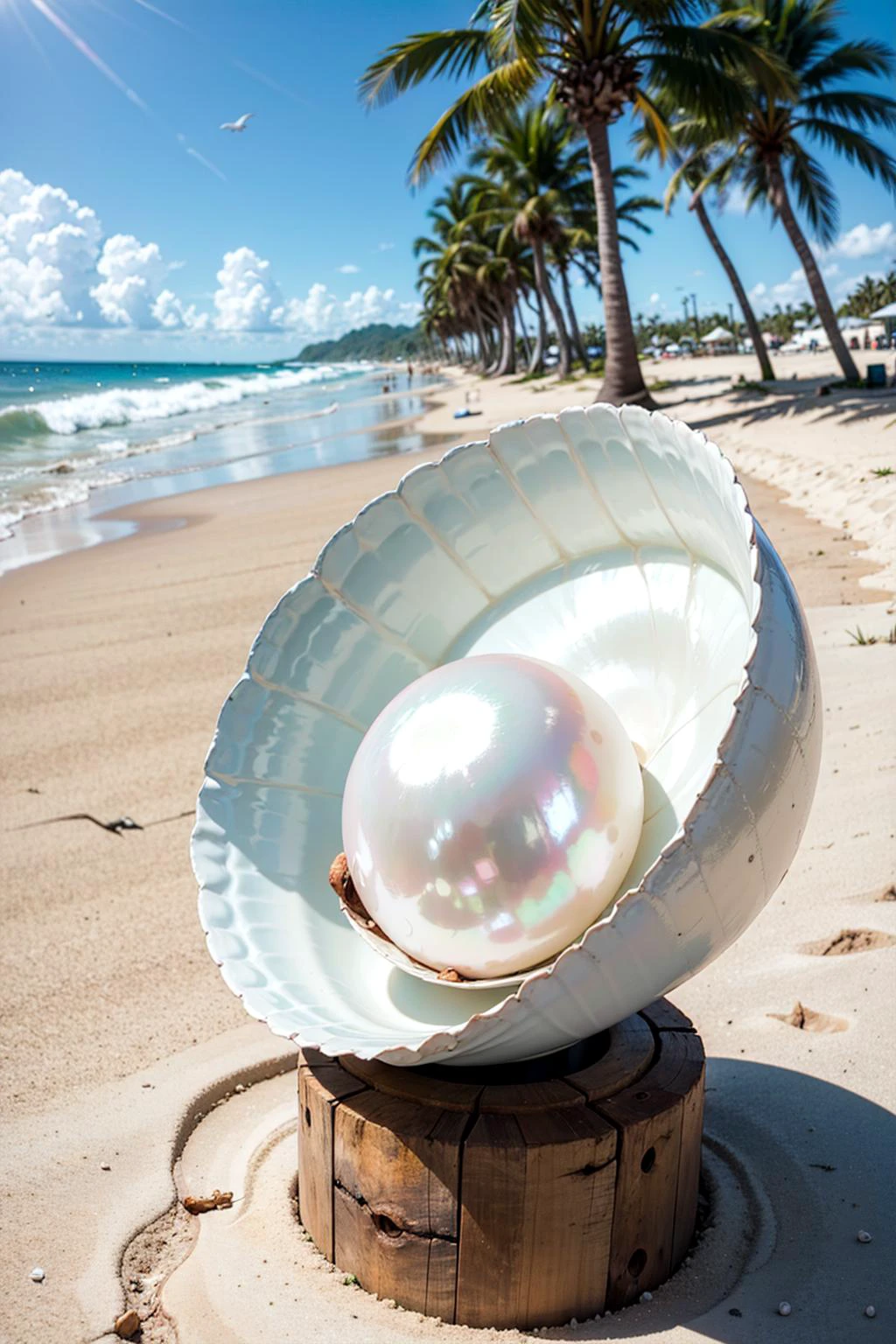 ((still-life, no-humans:1.5)) ((an absurdly large, oversized clamshell opened)) (( pearl inside)) (sitting on sandy beach) (crashing ocean waves, palm trees)) ((flying seabirds)) ((ultra-HD-Details))