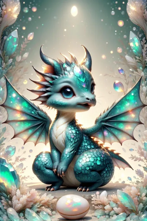 ((adorable chibi cute tiny scaled dragon)) ((sitting inside broken egg, hatching from jagged scaled egg)) ((aquamarine opalescent, vivid shimmering gemstone scales)) ((very large detailed eyes)) <lora:chibi_dragon_by_dalle3:1> <lora:DragonDNA-25:.2> ((cartoon style with realistic highly detailed scales, claws, wings, tail, and mouth)) ((cute adorable, heartwarming, innocent, vulnerable, tender)) ((spread wings with pink leather tones and texture)) <lora:opal-style-darquelilly-v1:1> opalstyle, gem, crystal, scenery, fantasy, light particles, colorful, reflection