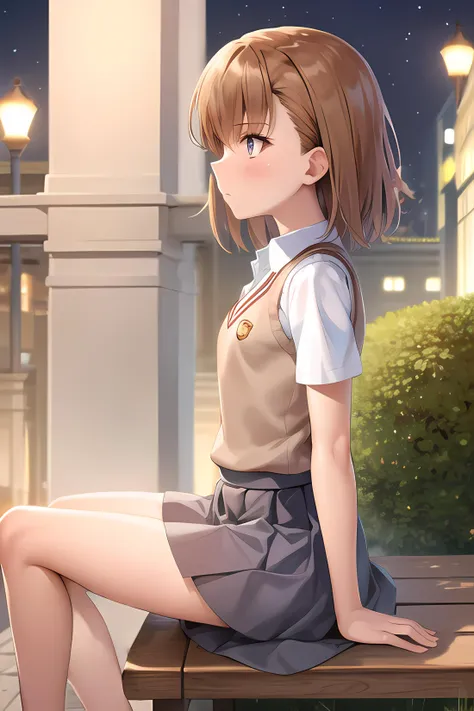 masterpiece, best quality, illustration, anime, highly detailed, clear image, 1girl, solo, (anime coloring:1.2),
highly detailed face, (highly detailed eyes:1.2),
aamikoto, short hair, white shirt, sweater vest, short sleeves, grey skirt, shorts under skirt, small breasts,
expressionless, blush, looking away,
bench, sitting, sitting on bench, spread legs, full body, (from side:1.4), arm support,
(night:1.2), outdoors, laboratory,
<lora:misakaMikoto:0.8>,
