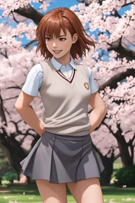 masterpiece, best quality, highres, aamikoto, short hair, hair flower, white shirt, sweater vest, short sleeves, grey skirt, shorts under skirt, <lora:misaka_mikoto_v1:0.7>, arm behind back, smile, open mouth, leaning forward, standing, cherry blossoms, outdoors