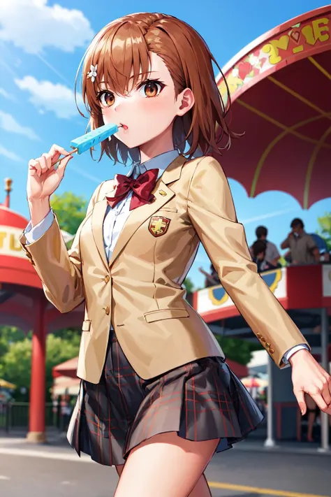 masterpiece, best quality, highres, aamikoto, short hair, hair flower, red bowtie, blazer, brown jacket, long sleeves, plaid skirt, <lora:misaka_mikoto_v1:0.7>, amusement park, holding_food, popsicle, walking, cowboy shot,