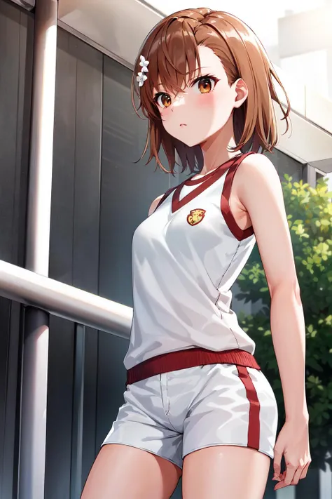 NSFW　(Highest quality:1.5, High resolution, uhd, 4K, Detailed lighting, Shaders), ((Misaka Mikoto)) ,solo short hair　Brown Hair　Brown eyes　Cool face　　Volleyball Uniforms　Realistic gym　 Sweat　Super oily skin　　Preparing for exercise　No ball　No sleeve　Cowboy Shot: Realistic locker room　blush　depressed　Face distorted by pleasure　Resisting Pleasure　Blushing cheeks　wet Nipples licked　Overflowing body fluids　Spurting body fluids　((Lean back)) (((Ecstasy)))++　Completely naked　topless