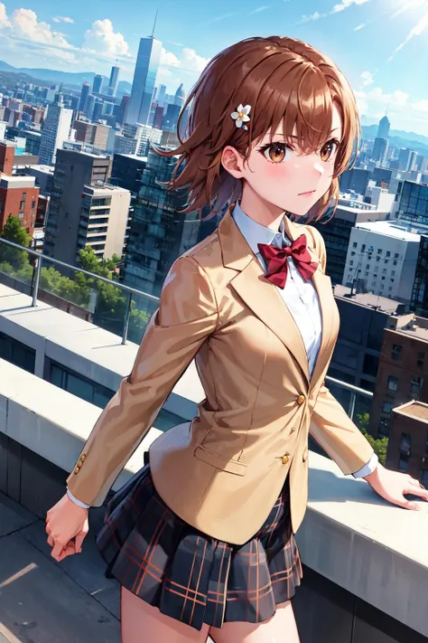 ((Tabletop, highest quality, High resolution, Hmph, Perfect Pixel, 4K, Hmph, Hmph))), One Girl, single, alone, Beauty、The whole body is visible、 ((Mid-wave hair, bangs, Brown Hair)), ((Brown eyes, Beautiful eyelashes, Realistic eyes)), ((Detailed face, Blushing:1.2)), ((Smooth texture:0.75, Realistic texture:0.65, Realistic:1.1, Anime CG Style)), Medium chest, Dynamic Angle, Perfect body, ((Red bow tie, , Black jacket, Open jacket, Brown cardigan, White shirt, Black Skirt, Checked skirt)), City stairs、Looking up from the bottom of the stairs、Very embarrassing panic smile, looked back、Leaning forward、(The wind blew up her skirt, exposing her buttocks....................、Touch your buttocks with both hands、Light pink floral lace panties)、